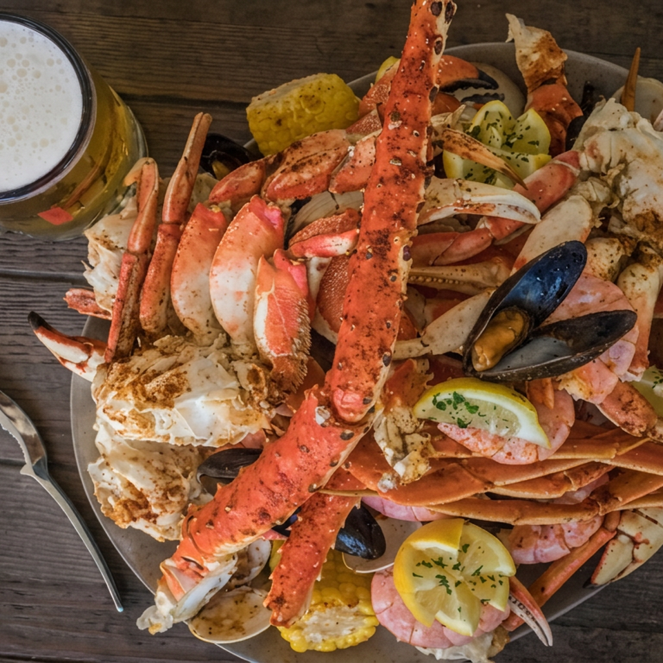 Overhead view of a seafood platter with crab legs, lobster, shrimp, mussels, corn, lemon, and a frothy beer on a wooden table.