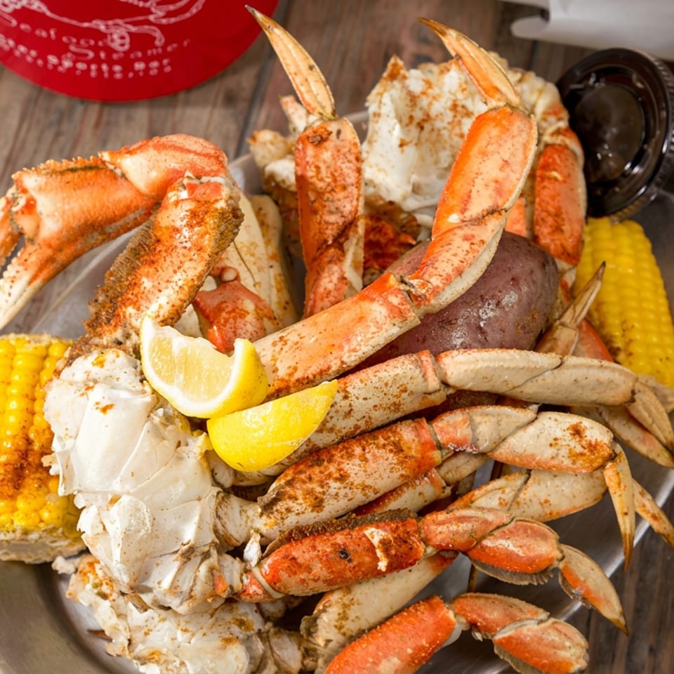 Seafood platter piled with crab legs, lobster, corn, red potato, lemon wedges, and dipping sauce on a wooden table.