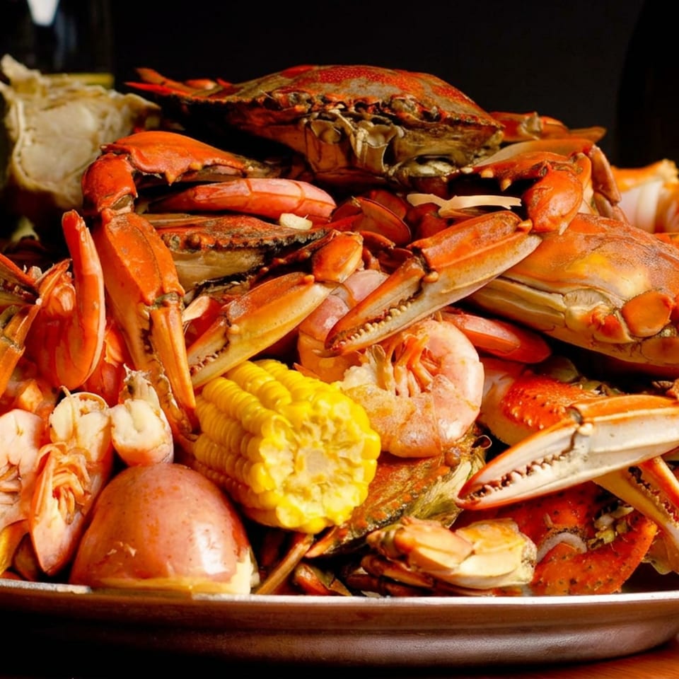 Plate piled with steamed crabs, shrimp, lobster, corn, potatoes, and bread in a warmly lit restaurant setting.
